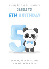 Birthday party invitation with cute little panda boy with figure five, blue balloon and bow tie. Vector illustration
