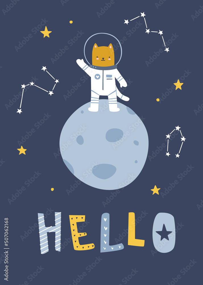 Canvas Prints poster with cute cat astronaut on the moon surface. vector print with kitten cosmonaut and lettering