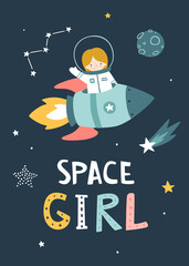 Space poster with little astronaut flying on the rocket. Cute cosmic print with baby girl on the spaceship.