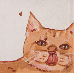 Red cat illustration. Traditional art, gouache and acrylic painting, Cute funny cat show tongue for poster, background