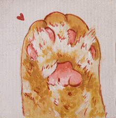 Red cat paw illustration. Traditional art, gouache and acrylic painting, Cute funny cat for poster, background