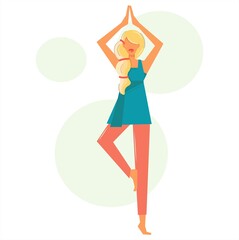 Pretty blonde woman practices yoga in a tree pose. Young woman practicing yoga in vrksana pose, girl working out in fitness club or gym, active healthy lifestyle, cartoon vector isolated flat design