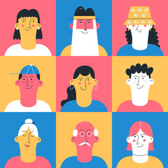 Set of people faces of different age in flat style. 