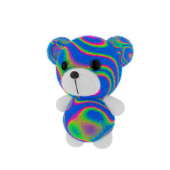 3d render illustration of cute toy bear with colorful abstract fur on white background.