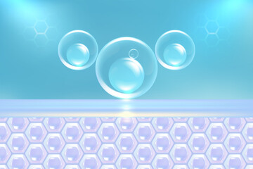 Hyaluronic acid hair and skin solutions ad, blue collagen serum drop over skin cells with cosmetic advertising background ready to use, illustration vector.