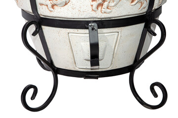 tandoor oven for barbecue and roasting meat made of clay and various drawings with skewers and with...