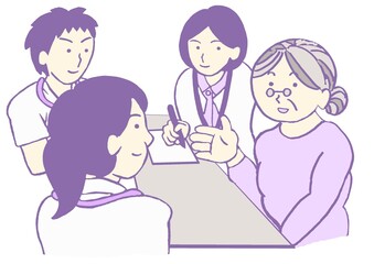カンファレンス　認知症の女性と精神科医と看護師と精神保健福祉士のイラスト