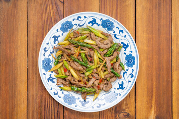 Special Chinese Sichuan Stir-Fried Vegetables, Asparagus, Stir-fried Beef and Ingredients