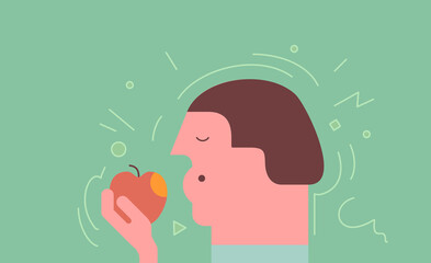 Apple. Man eats an apple. Vector illustration. Simple, modern style. Background for cover, poster, animation.