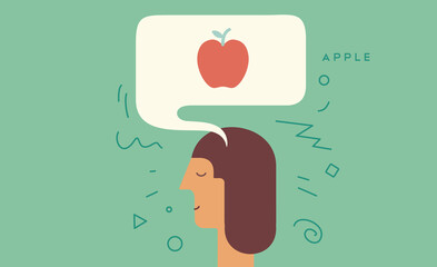 Apple. Woman thinks about healthy food. Vector illustration. Simple, modern style. Background for cover, poster, animation.