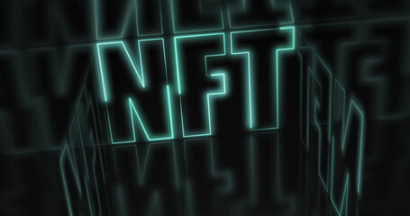 Image of green neon nft text over black background