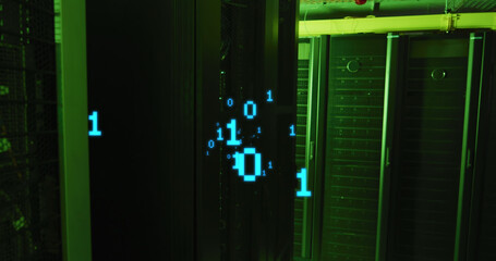 Image of binary coding over server room