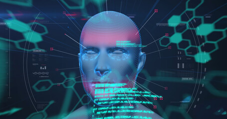 Image of digital head and data processing on black background