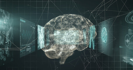 Image of digital brain and data processing on black background