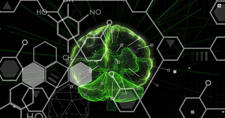 Image of digital brain and shapes on black background