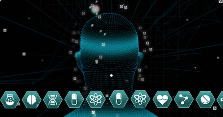 Image of digital head and medical icons on black background