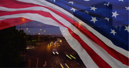 Fototapeta na wymiar Highway time lapse with american flag 