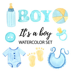Blue baby shower watercolor toys. High quality illustration