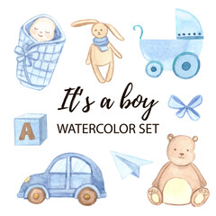 Blue baby shower watercolor set. Boy's toys. High quality illustration