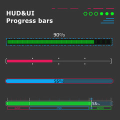 Pack of the HUD UX UI progress bar and loading process indicators in futuristic style. interface of sci-fi spaceship. For motion design. 
