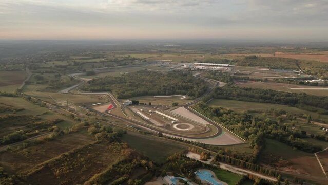 Aerial view of complete Hungaroring race track, overview of the circuit, sunset