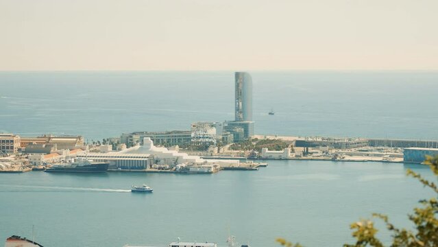 Seaport in Barcelona. Coast with moored yachts. Shooting from a height