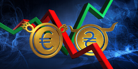 bullish uah to bearish eur currency. foreign exchange market 3d illustration of ukrainian hryvnia to european euro. money represented  as golden coins