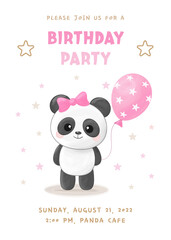 Birthday party invitation with cute little panda girl, pink balloon and bow. Vector illustration
