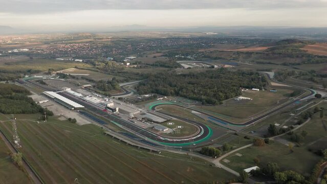 Aerial view of complete Hungaroring race track, overview of the circuit, paddock