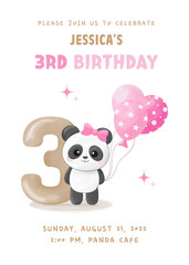 Birthday party invitation with cute little panda girl with figure three, pink balloon and bow. Vector illustration