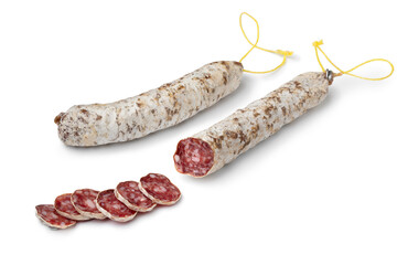 Traditional French sausage with duck meat and slices isolated on white background close up