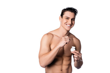 shirtless man with strong body holding dental floss and smiling at camera isolated on white.