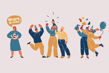  artoon illustration of collection of people celebrate birthday party. Group drink champagne, hold cake and hold gift box and cracker and air ballon