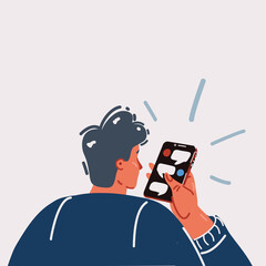  artoon illustration of Social media concept. Man holding his smartphone and typing a message while using social media