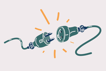  artoon illustration of Electric socket with a plug. Connection and disconnection concept. Concept of 404 error connection. Electric plug and outlet socket unplugged. Wire, cable of energy disconnect