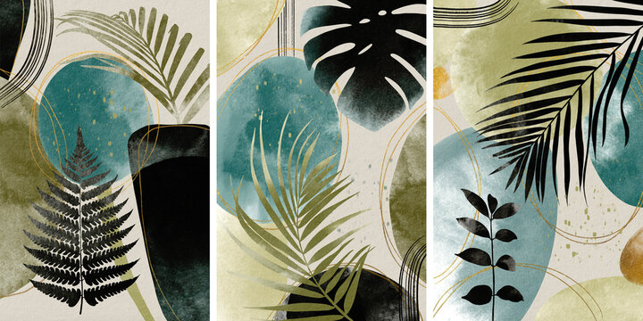 Abstract arrangements. Tropical leaves. Posters. limited palette. Green, khaki, black, ivory, shades of beige. Golden outline. Illustration, background. The design can be used as a set of prints.