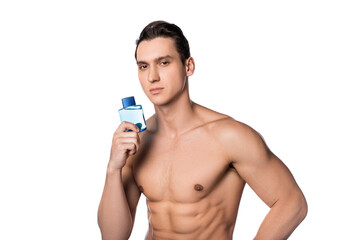 Fototapeta premium shirtless muscular man with vial of perfume looking at camera isolated on white.