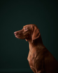 Dog portrait in studio light. Hungarian Vizsla on a green background