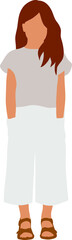 A red-haired girl in white breeches stands and holds her hands in her pockets