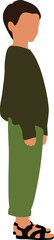 A boy in green pants, a T-shirt and black sandals stands sideways in full growth
