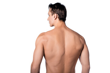 back view of shirtless man with perfect body isolated on white.