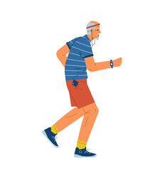 Senior man running listening to the music flat vector illustration. Active retirement.