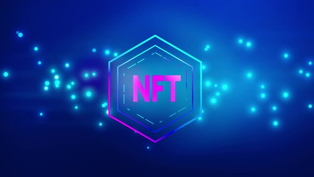 NFT nonfungible token animation with  blue glowing lights dark blue background. nft digital background cryptocurrency