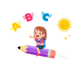 little kid riding a pencil and fly