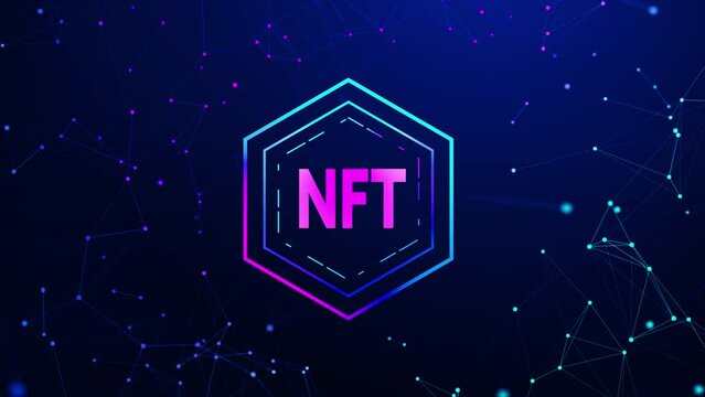 NFT nonfungible token animation with red and blue glowing lights dark blue background. nft digital background cryptocurrency