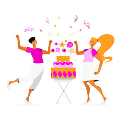 
happy girls and party cake on the white background