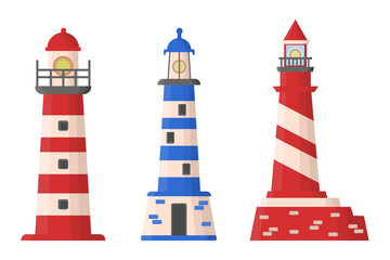 Set of sea lighthouses in flat style. Vector image.