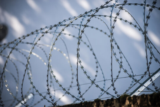 Closeup of security barbed wire on the wall