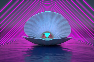 shell with a golden pearl on the surface of the water with neon strips