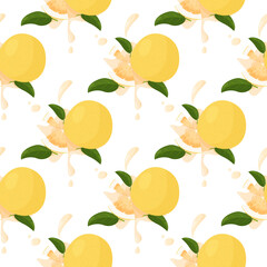 Pomelo fruit tropical exotic citrus, vector seamless pattern. Pummelo or shaddock fruits half cut and whole with juicy splashes. Bright food background.